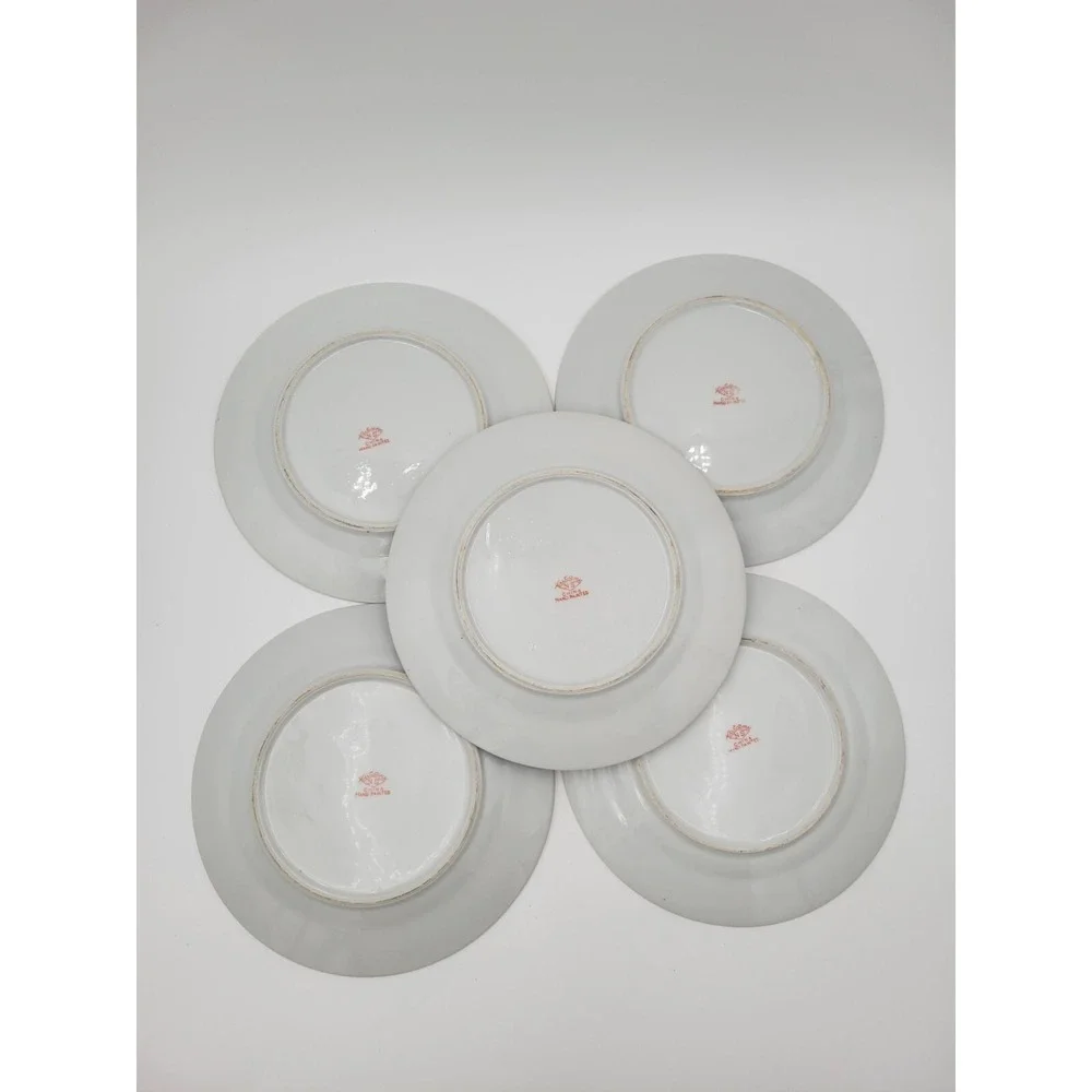 Set of 5 Vintage Kutani Japan KUT21 salad plates pink textured trees bridge gold
